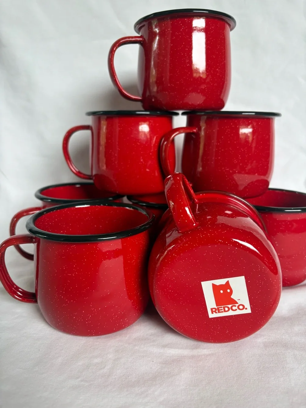 REDCO Set of 8 Red Speckled Enamel Camping Mugs New in Box